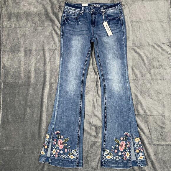 Grace in LA Denim - NEW Grace In LA Jeans Womens 28 X 32 Blue Medium Wash Floral Embroidered Flare